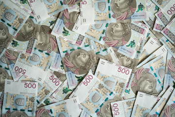 500 Polish zloty banknotes. PLN zł or złoty, the official currency of Poland. Five hundred złotych notes, paper bills obverse.