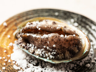 Salt and fresh abalone on a plate
