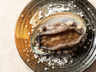 Salt and fresh abalone on a plate