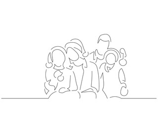 Family at home in line art drawing style. Composition of a christmas scene. Black linear sketch isolated on white background. Vector illustration design.