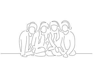 Group of friends in line art drawing style. Composition of a christmas scene. Black linear sketch isolated on white background. Vector illustration design.
