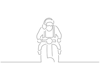 Santa Claus driving a motorcycle in line art drawing style. Composition of a christmas scene. Black linear sketch isolated on white background. Vector illustration design.