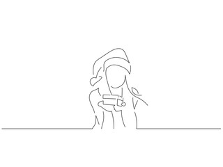 Sexy woman holding a gift in line art drawing style. Composition of a christmas scene. Black linear sketch isolated on white background. Vector illustration design.