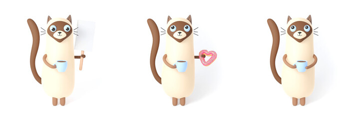 Siamese cute cartoon cat kawaii with cup of coffe and donut and banner on a white background. Cartoon character. 3d rendering