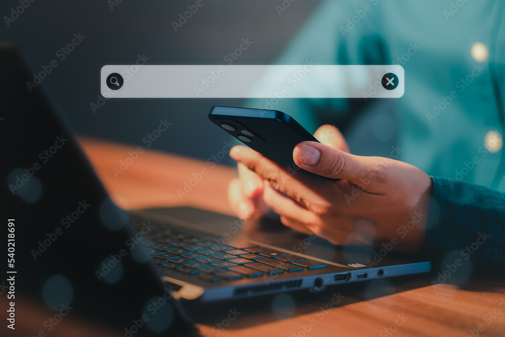 Poster Man using a mobile phone in the room for searching browsing internet data information. Business concept for smartphone using search with your website.