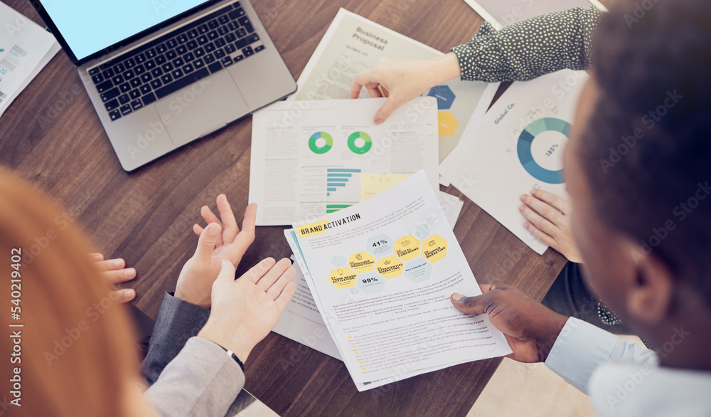 Poster business, group and above for data on chart, laptop and graph for analytics, finance and desk. meeti