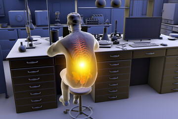 Work-related musculoskeletal disorders in laboratory workers, 3D illustration - obrazy, fototapety, plakaty