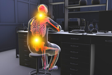 Work-related musculoskeletal disorders in laboratory workers, 3D illustration - obrazy, fototapety, plakaty