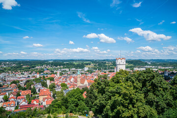 Germany, Panorama view ravensburg city skyline beautiful village in summer blue sky sun above roofs buildings and tower - obrazy, fototapety, plakaty