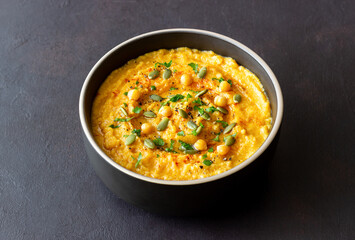 Pumpkin hummus with seeds and greens. Healthy eating. Vegetarian food.