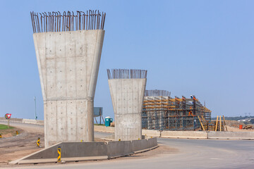 Construction New Road Highway Overpass Ramp Infrastructure Columns Halfway Detail.