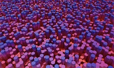 Fototapeta premium Abstract background of colored hexagonal columns with different heights, with different colors based on the column height. Top view 3D render, without depth of field blur.