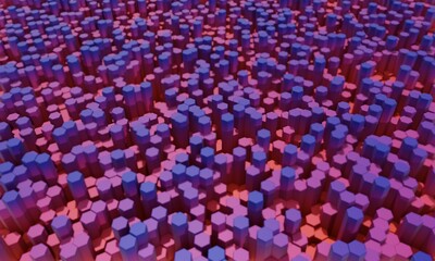Obraz premium Abstract background of colored hexagonal columns with different heights, with different colors based on the column height. 3D render, with depth of field blur.
