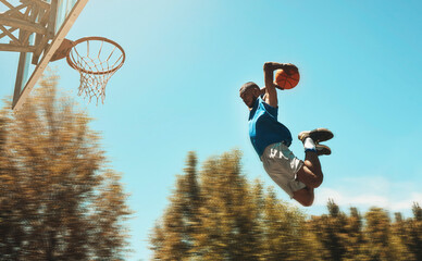 Basketball, sports and dunk with a man athlete jumping or flying through the air to score while...