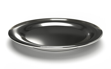 Isolated Top View of Empty Silver Plate, Modern Crockery on White Background, Realistic Shot of 3D Illustration.