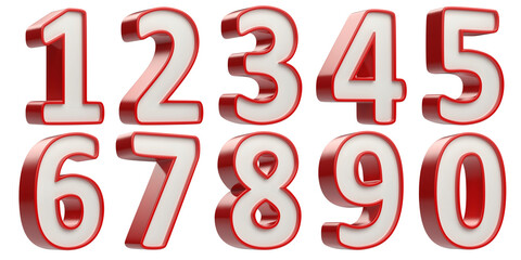 Set of 3D plastic numbers with red frame on transparent background