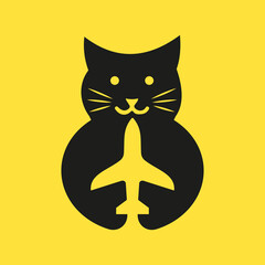 Cat Travel Logo Negative Space Concept Vector Template. Cat Holding Airplane Symbol