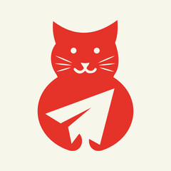 Cat Paper Plane Logo Negative Space Concept Vector Template. Cat Holding Paper Plane Symbol