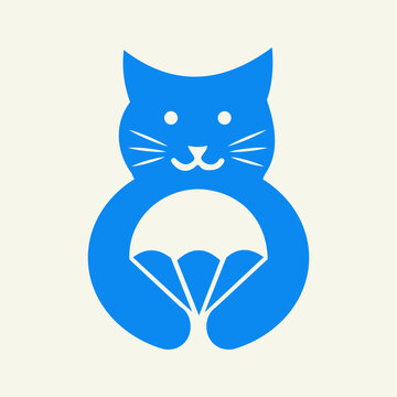 Cat Parachute Logo Negative Space Concept Vector Template. Cat Holding Parachute Symbol