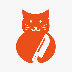Cat Knife Logo Negative Space Concept Vector Template. Cat Holding Knife Symbol