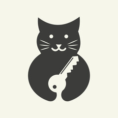 Cat Key Logo Negative Space Concept Vector Template. Cat Holding Key Symbol