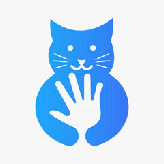 Cat Charity Logo Negative Space Concept Vector Template. Cat Holding Hand Symbol
