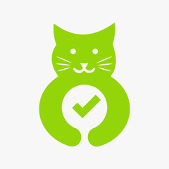 Cat Checkmark Logo Negative Space Concept Vector Template. Cat Holding Check Mark Symbol