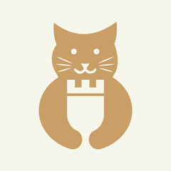 Cat v Logo Negative Space Concept Vector Template. Cat Holding Castle Symbol