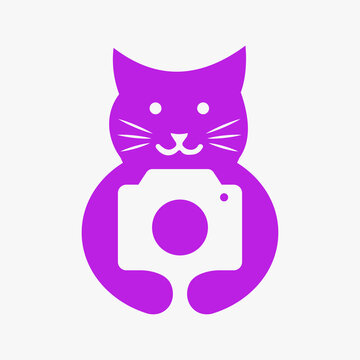 Cat Photography Logo Negative Space Concept Vector Template. Cat Holding Camera Symbol