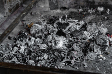 coal and charcoal. close up of a burning fire.