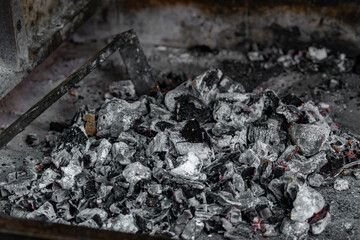 coal and charcoal. close up of a burning fire.