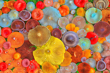abstract background texture of very, many different mushrooms, inverted multicolored mushroom caps...