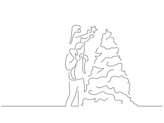 Family at home with a christmas tree in line art drawing style. Composition of a christmas scene. Black linear sketch isolated on white background. Vector illustration design.