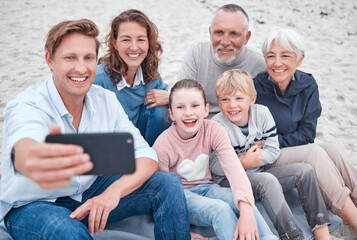 Family, generations and selfie, together and happy on outdoor adventure at beach, smartphone and...