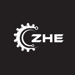 ZHE letter technology logo design on black background. ZHE creative initials letter IT logo concept. ZHE setting shape design.
