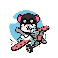 Cute little mouse flying with airplane illustration