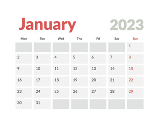 Calendar Template of january 2023 with place for notes. Vector layout simple calendar with week start monday.