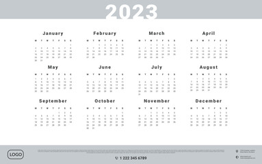 2023 Calendar Template with Place for Company contacts and Logo. Vector layout of a wall or desk simple calendar with week start monday.