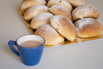 Valldemossa typical potato flour buns and hot chocolate drink, Coque de Patata, .Majorca, Balearic Islands, Spain