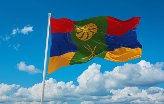 Flag Of Caucasus Armenian Peoples Cherkesogai At Cloudy Sky Background, Panoramic View. Flag Representing Ethnic Group Or Culture, Regional Authorities. Copy Space For Wide Banner