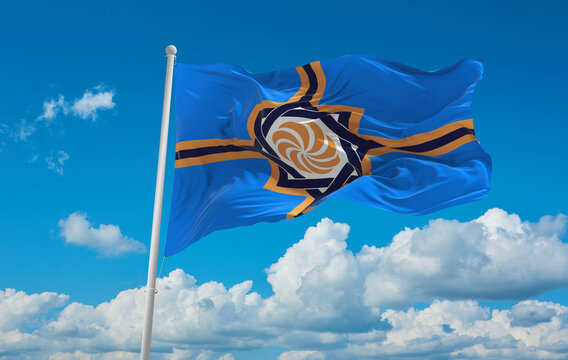 Flag Of Caucasus Armenian Peoples Western Armenians At Cloudy Sky Background, Panoramic View. Flag Representing Ethnic Group Or Culture, Regional Authorities. Copy Space For Wide Banner