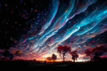 Obraz na płótnie Canvas Psychedelic surreal landscape. Digital painting illustration of spiritual journey insight. LSD, magic mushrooms or ayahuasca fantasy experience. Ego death.