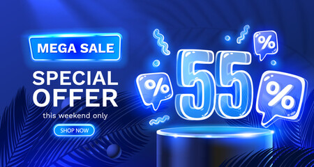 Mega sale special offer, Neon 55 off sale banner. Sign board promotion. Vector