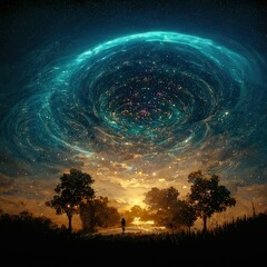 Psychedelic surreal landscape. Digital painting illustration of spiritual journey insight. LSD, magic mushrooms or ayahuasca fantasy experience. Ego death. - obrazy, fototapety, plakaty