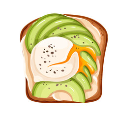 Toast with egg and avocado vector illustration. Cartoon isolated toasted whole wheat or rye bread with slices of avocado, poached egg and soft cheese, top view of sandwich for balanced breakfast