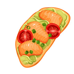 Salmon and avocado toast vector illustration. Cartoon isolated bread with salted or smoked salmon slices, green onion, tomato and avocado pieces, top view of sandwich with fresh vegetables and fish