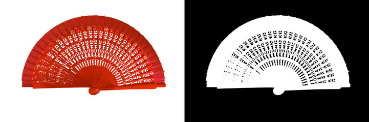 Spanish red open hand fan, decorated with floral motifs, isolated on white background with clipping...