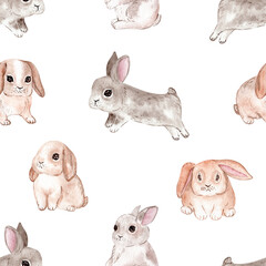 Watercolor cute bunnies seamless pattern on white background. Rabbit print