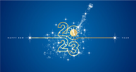 New Year 2023 shining line design typography with clock countdown and sparkler firework golden white blue background vector