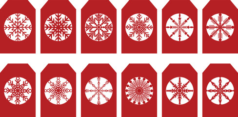 Snowflake Christmas tag collection with snowflake pattern in red collar. Sale promotion and gift card vectors in different shapes.